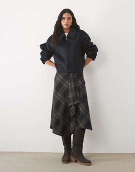 Mango Mango handkerchief hem midi skirt in gray & navy plaid