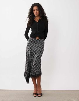 Mango Mango hanky hem midi skirt in black plaid print