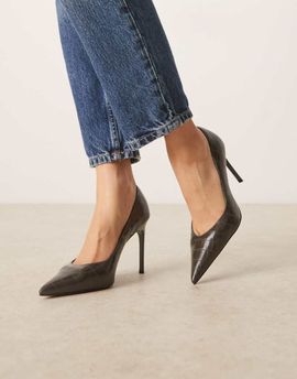 Mango Mango heeled pumps in gray faux croc-Brown