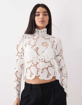 Mango Mango high neck long sleeve delicate lace blouse in white