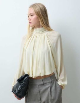 Mango Mango high neck puff sleeve blouse in off white