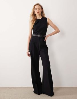 Mango Mango high neck sleeveless jumpsuit with statement belt in black