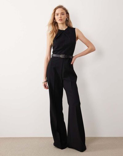 Mango Mango high neck sleeveless jumpsuit with statement belt in black