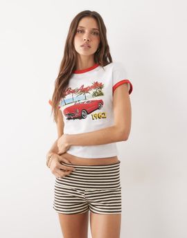 Mango Mango jersey striped shorts in pink and brown