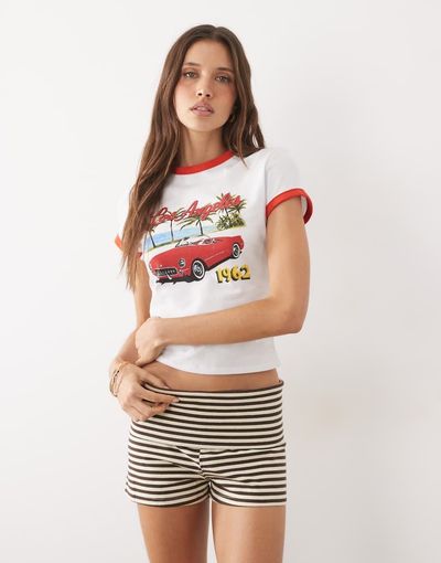 Mango Mango jersey striped shorts in pink and brown