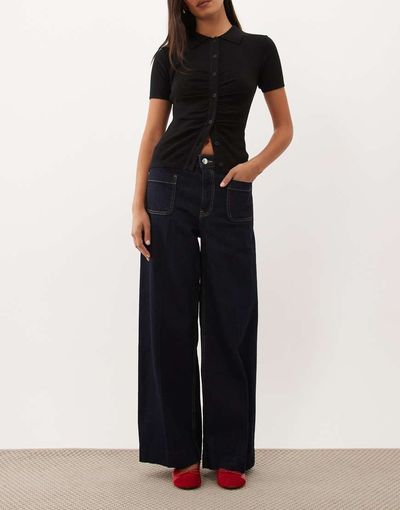 Mango Mango Jessie 100% cotton wide leg pocket detail jeans in indigo-Blue