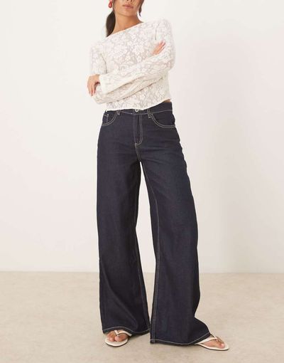 Mango Mango Joy 100% cotton wide leg jeans with contrast stitch in indigo-Blue