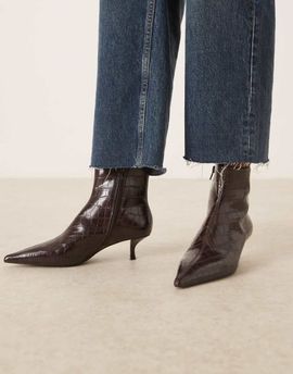 Mango Mango kitten heel pointed ankle boots in dark brown croc