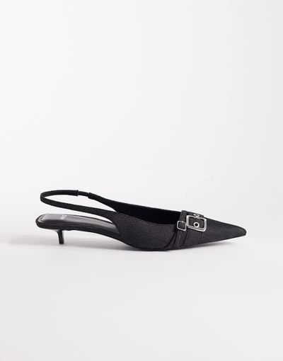 Mango Mango kitten pumps with buckle detail in denim wash-Blue