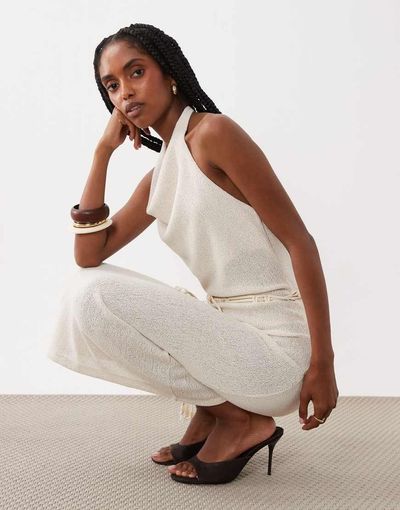 Mango Mango knit belted halterneck maxi dress in cream-Neutral