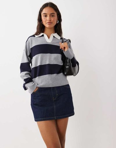 Mango Mango knit polo shirt in blue and gray