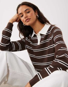 Mango Mango knit polo top in brown stripe