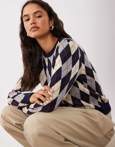 Mango Mango knit sweater in navy and brown argyle print