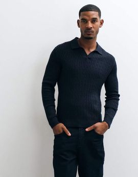 Mango Mango knitted revere collar sweater in navy