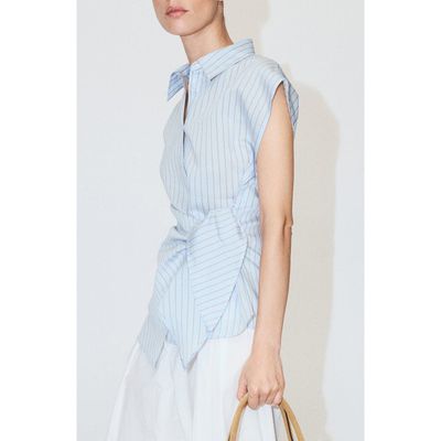 MANGO MANGO Knotted Stripe Cap Sleeve Button-Up Shirt
