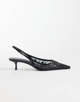 Mango Mango lace detail pointed heeled slingbacks in black