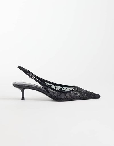 Mango Mango lace detail pointed heeled slingbacks in black