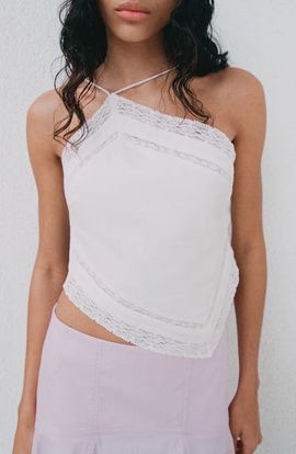 MANGO MANGO Lace Trim Asymmetric Halter Neck Top