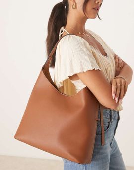 Mango Mango large shoulder bag with adjustable straps in tan-Brown