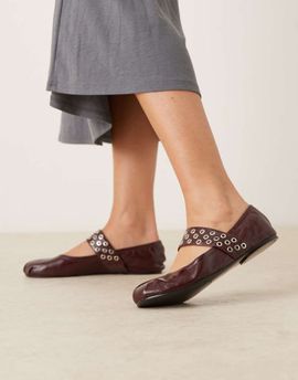 Mango Mango leather grommet strap toe detailing flat shoes in cherry red