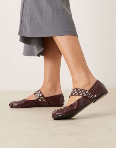 Mango Mango leather grommet strap toe detailing flat shoes in cherry red