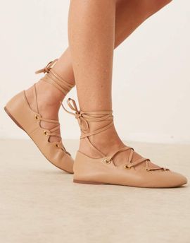 Mango Mango leather lace up flat shoes in pink