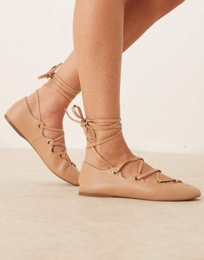 Mango Mango leather lace up flat shoes in pink