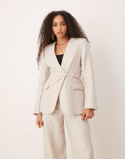 Mango Mango linen v-neck blazer with cinch waist belt detail in oatmeal - part of a set-Neutral