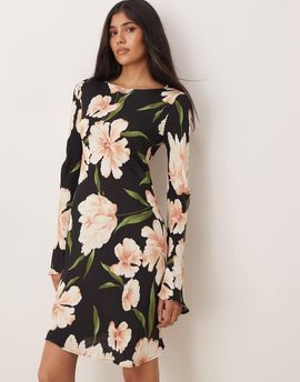 Mango Mango long sleeve mini dress in dark based floral-Black