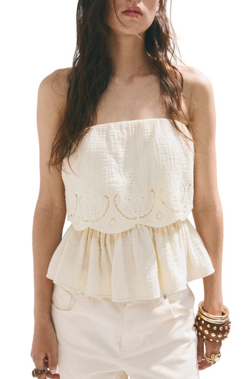 MANGO MANGO Maui Openwork Embroidered Strapless Gauze Peplum Top