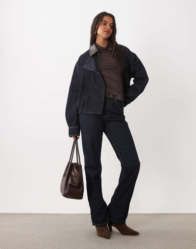 Mango Mango Maya straight jeans with contrast faux leather waistband - part of a set-Blue