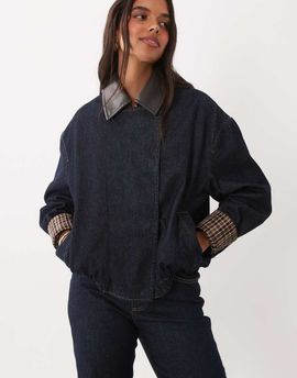 Mango Mango Maya zip up denim jacket with faux leather collar in indigo - part of a set-Blue