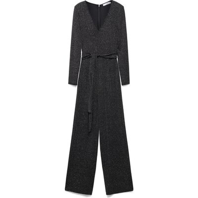 MANGO MANGO Metallic Long Sleeve Knit Jumpsuit