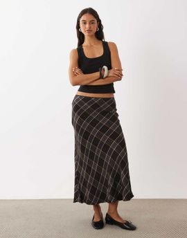 Mango Mango midi skirt in brown plaid