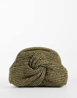 Mango Mango mini raffia knot detail clutch bag with detatchable chain in khaki-Green