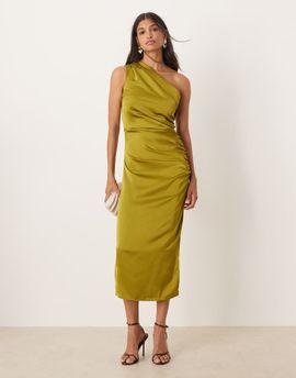 Mango Mango one shoulder ruched side midi dress in green