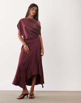 Mango Mango one shoulder satin midi dress in rose-Red