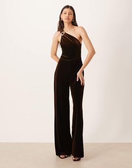 Mango Mango one shoulder velvet jumpsuit in brown