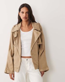 Mango Mango oversized short trench coat in sand-Neutral