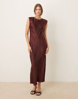 Mango Mango padded shoulders satin midaxi dress in brown