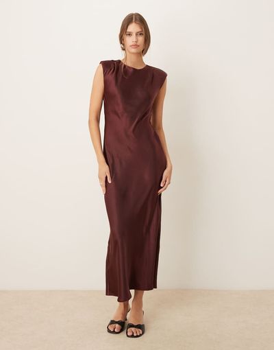 Mango Mango padded shoulders satin midaxi dress in brown