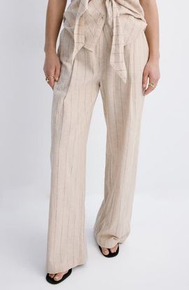 MANGO MANGO Pinstripe Wide Leg Linen & Cotton Pants