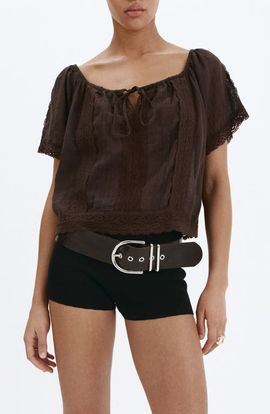 MANGO MANGO Pintuck Lace Trim Cotton Shirt