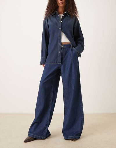 Mango Mango pleat front fluid straight leg jeans in dark blue