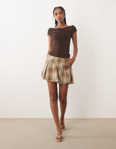 Mango Mango pleated mini skirt in brown check