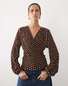Mango Mango plisse wrap long sleeve top in brown polka dot print