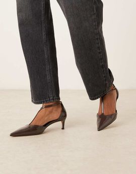 Mango Mango pointed toe kitten heel shoes in chocolate brown