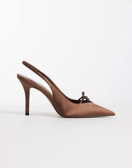 Mango Mango pointed toe satin slingback heels with bow detailing in brown
