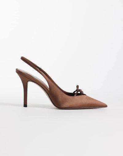 Mango Mango pointed toe satin slingback heels with bow detailing in brown