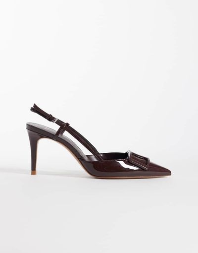 Mango Mango pointed toe slingback heels with statement buckle in dark brown
